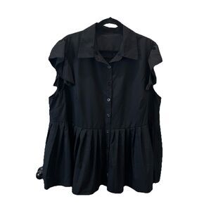 Shein Curve Black Flutter Sleeve Button Up Peplum Top Blouse Womens Size 2XL
